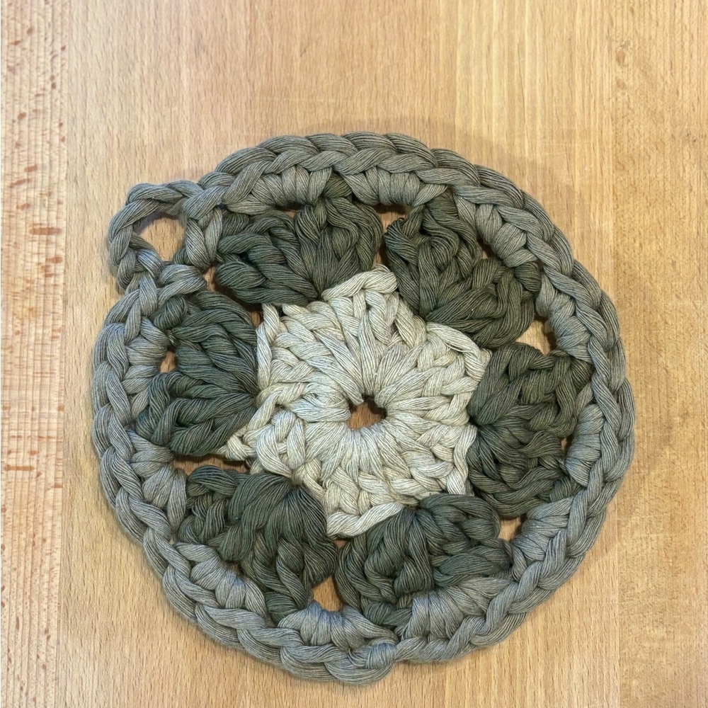 Handmade Olive & Cream Crochet Trivet — Thick Cotton Table Protector 7 inch
